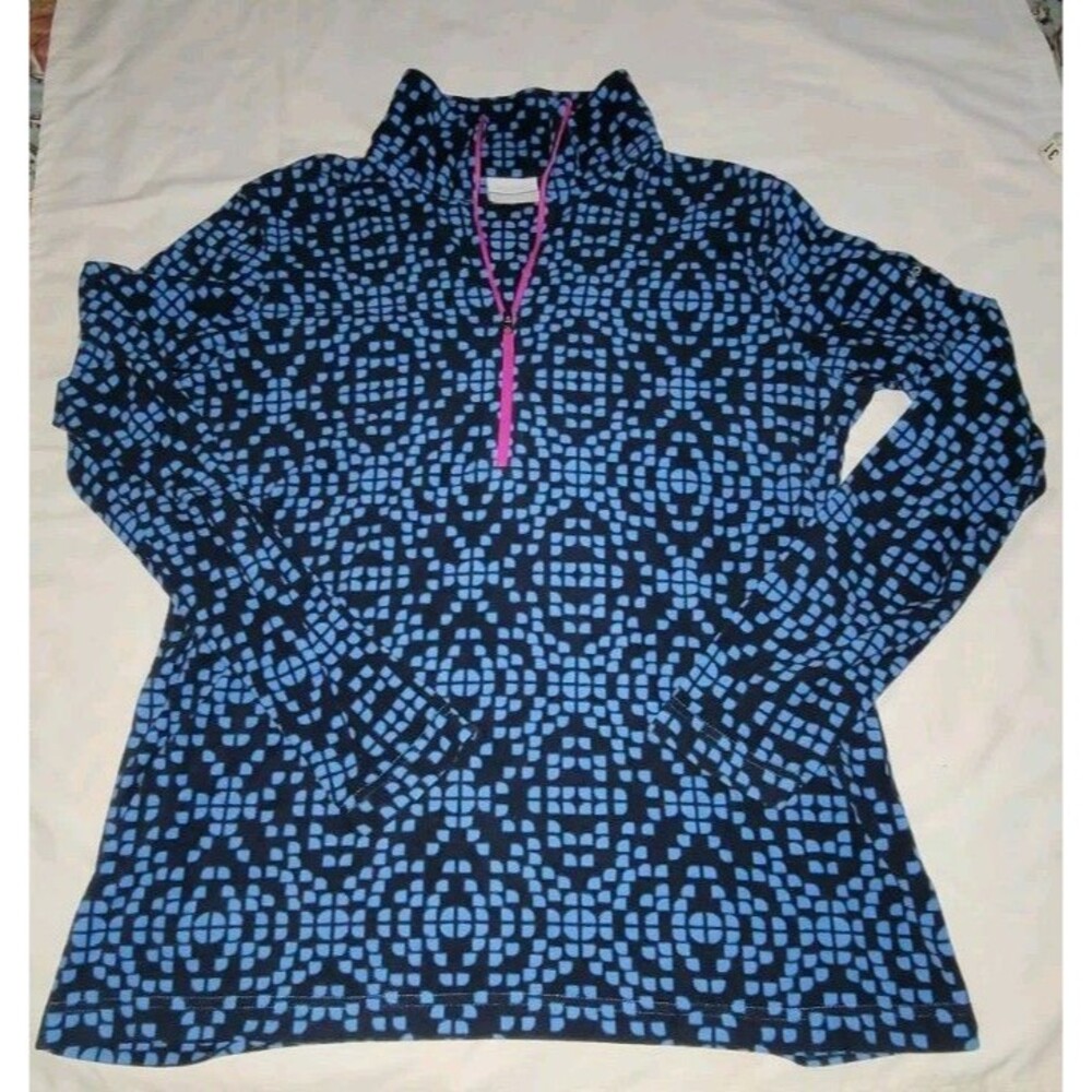 Columbia Womens L 1/4 Zip Pullover Fleece Sweater Blue Pink Packable Lightweight